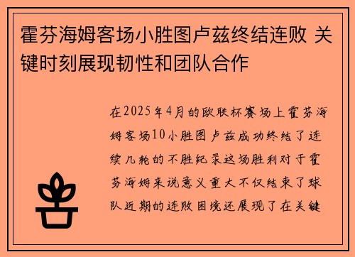 霍芬海姆客场小胜图卢兹终结连败 关键时刻展现韧性和团队合作
