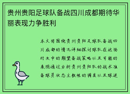 贵州贵阳足球队备战四川成都期待华丽表现力争胜利